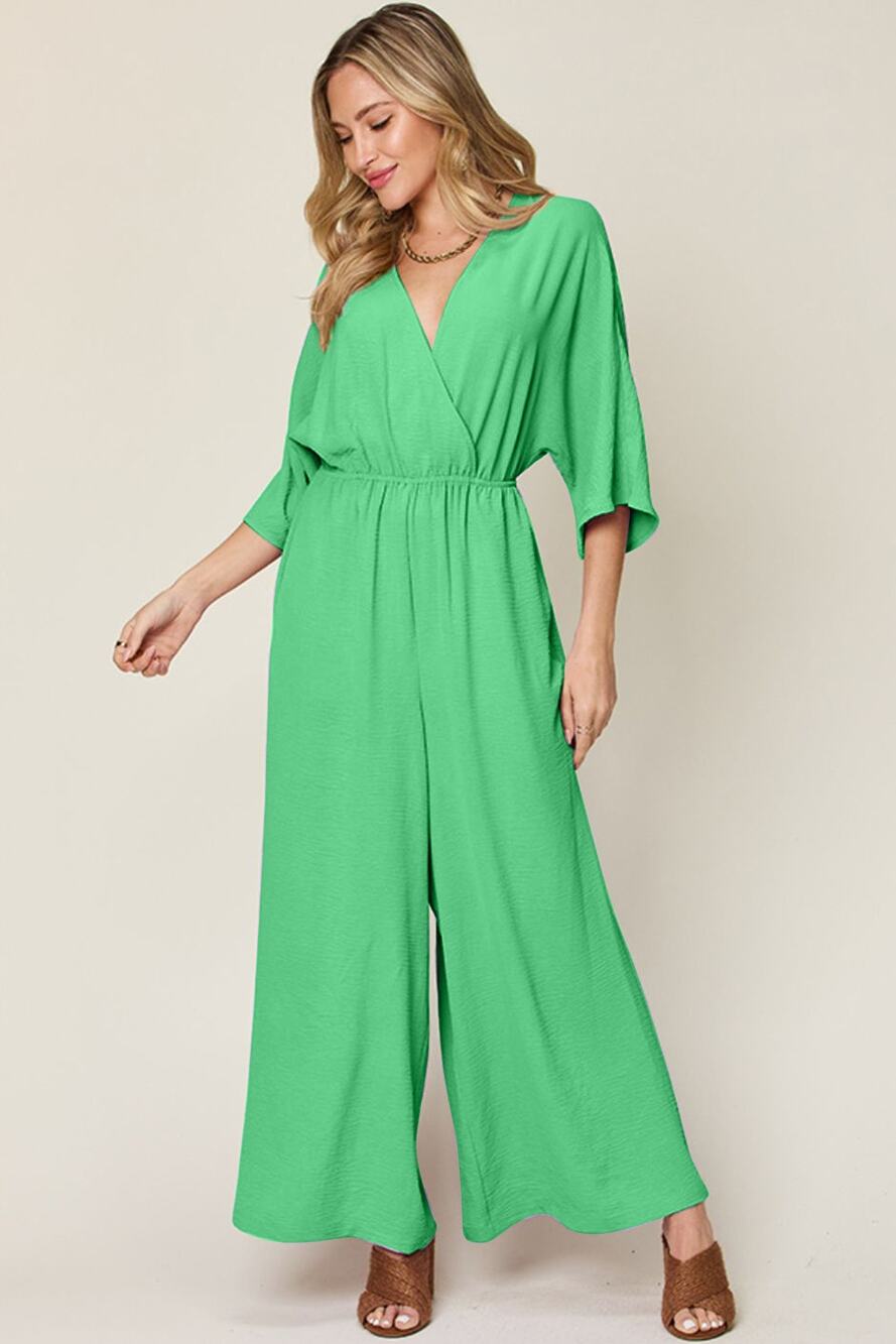 DOUBLE TAKE 3XL Plus Green Surplice Wide Leg Jumpsuit with Pockets NEW
